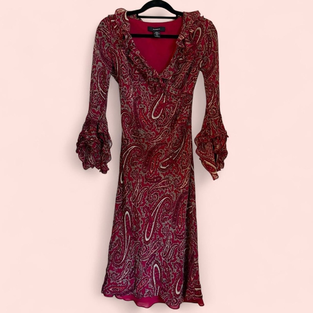 Vintage Express Red Paisley Print Midi Dress